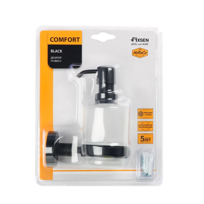 Дозатор для жидкого мыла Fixsen Comfort black — вид сбоку на матовое стекло