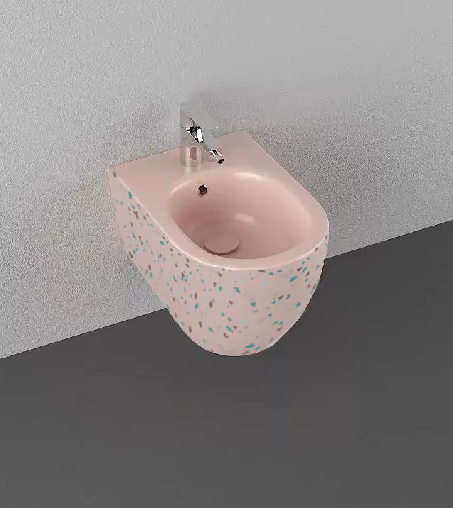 Биде подвесное Isvea Infinity Terrazzo лососевый — вид под углом с установленным смесителем