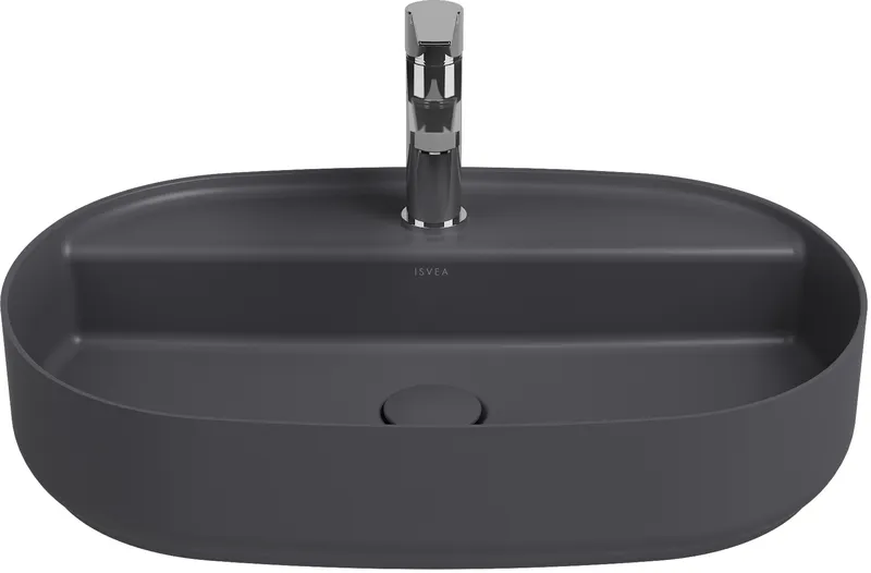 Раковина накладная Isvea Infinity 60 см, антрацит — вид под углом с краном