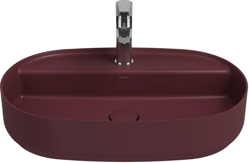 Раковина накладная Isvea Infinity 60 см, бордовый — вид под углом с краном