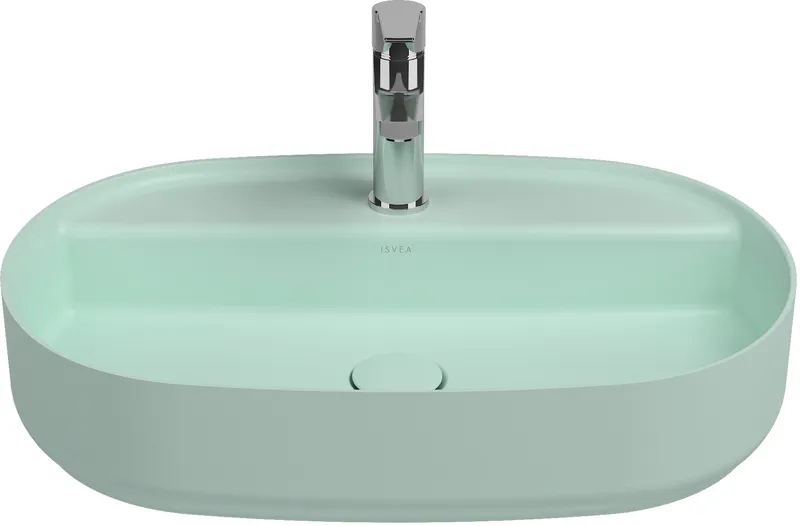 Раковина накладная Isvea Infinity 60 см, мятно-зеленый — вид под углом с краном