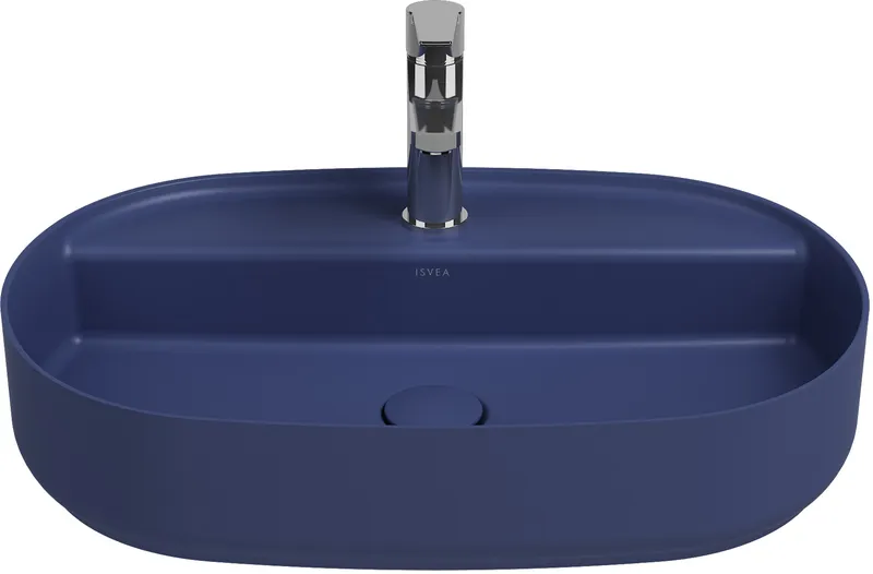 Раковина накладная Isvea Infinity 60 см, синий — вид под углом с установленным смесителем