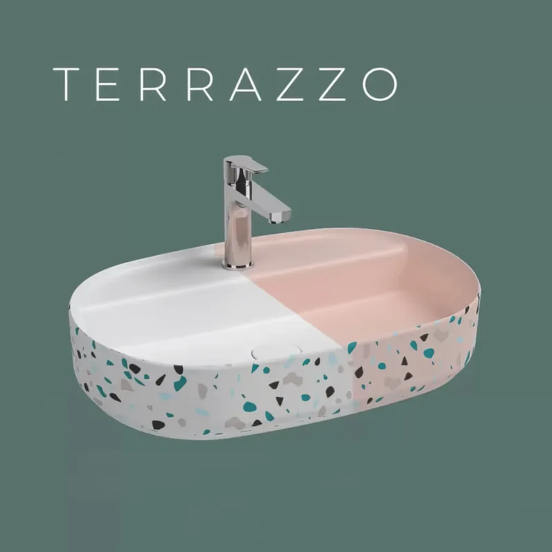 Раковина накладная Isvea Infinity Terrazzo 60 см, белый матовый — вид под углом с краном