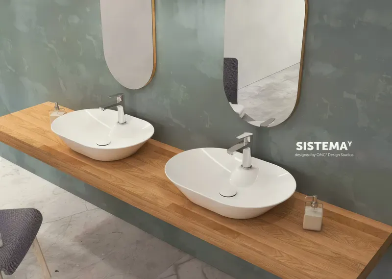 Раковина накладная Isvea SistemaY Soft 60 см, белый — вид под углом с краном