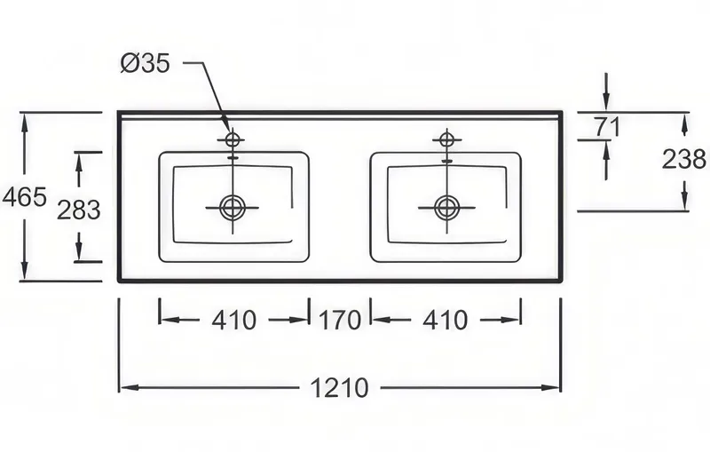Раковина Jacob Delafon Ola двойная, 120 см — вид под углом с двумя чашами