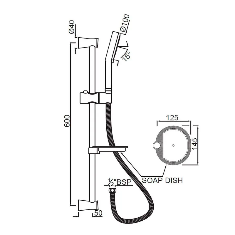 Душевый гарнитур Jaquar Shower SHA-CHR-1150EF со штангой, с лейкой+мыльница, хром — вертикальная компоновка на белом фоне