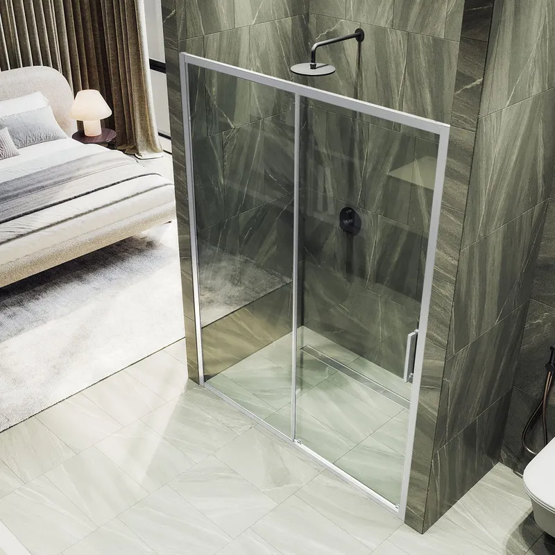 Душевая дверь MaybahGlass раздвижная 150x195 см, стекло прозрачное/хром матовый — в ванной комнате с плиткой под мрамор