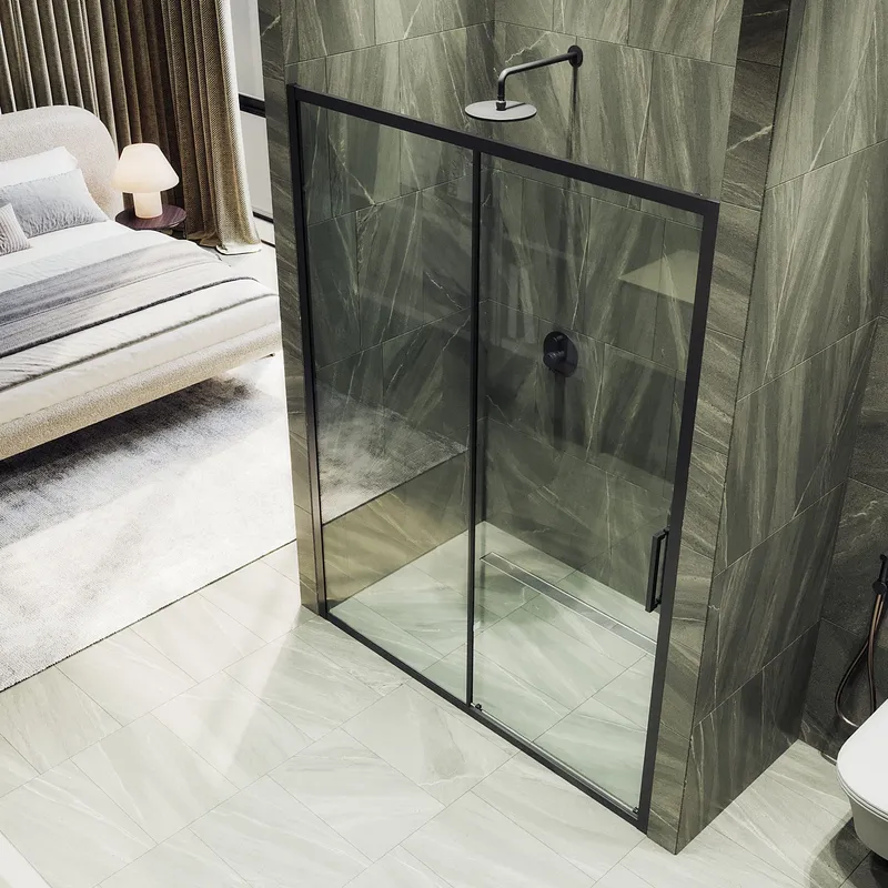Душевая дверь MaybahGlass раздвижная 150x195 см, стекло прозрачное/черный — в ванной комнате с темно-серыми стенами
