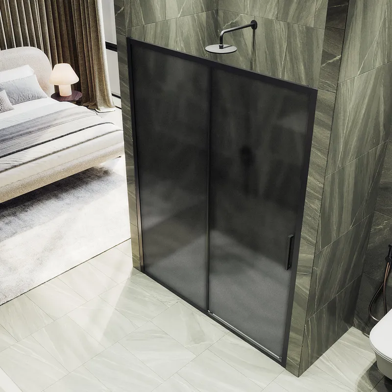 Душевая дверь MaybahGlass раздвижная 150x195 см, стекло графит матовый/черный — в ванной комнате с темно-серыми стенами
