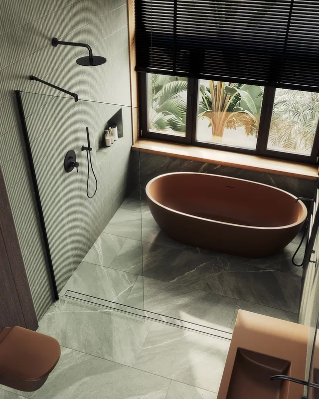 Душевая перегородка MaybahGlass в широком профиле, 195x99 см, прозрачное стекло/черный — на стене с вертикальной плиткой и рядом с ванной