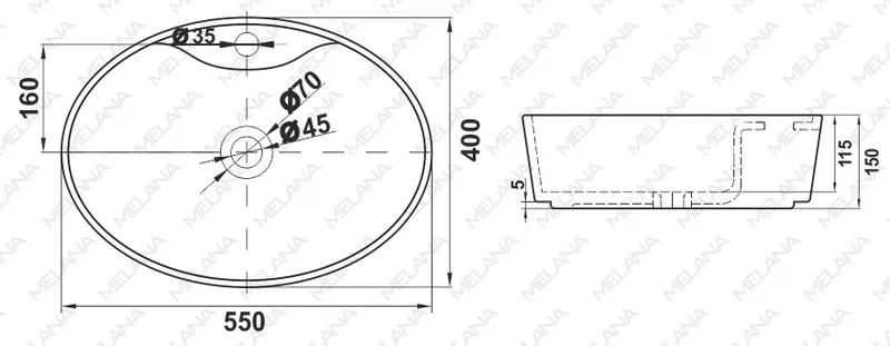 Раковина накладная Melana MLN-320301 — вид под углом с установленным смесителем