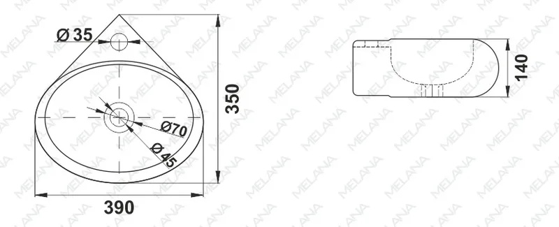 Раковина угловая Melana MLN-320350 накладная — вид под углом с краном