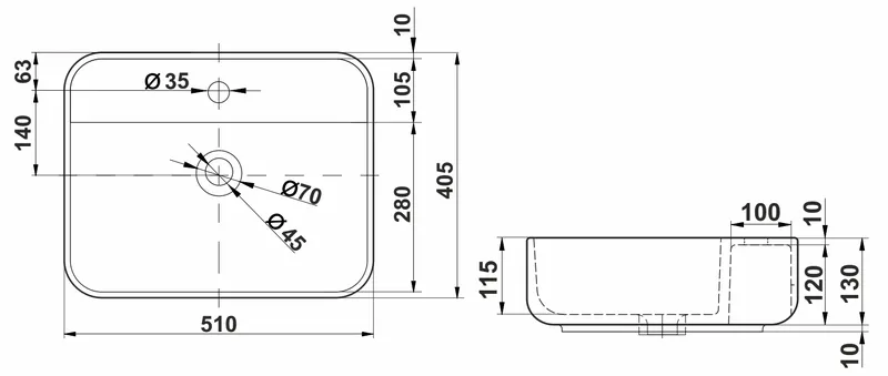 Раковина накладная Melana MLN-320355MG — вид под углом с установленным смесителем