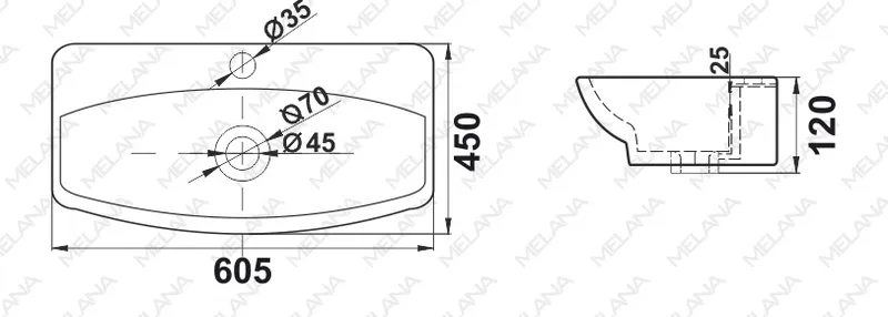 Раковина подвесная Melana MLN-78014D — вид под углом с установленным смесителем
