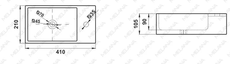 Раковина подвесная Melana MLN-9048DL, 41 см — вид под углом с краном