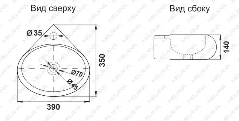 Раковина угловая Melana MLN-E604 подвесная — вид сверху под углом