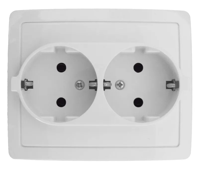 Розетка Simon 15 Schuko двойная, с заземлением, 2x2Р+Е, 16A 250В, моноблок, белый матовый — вид спереди