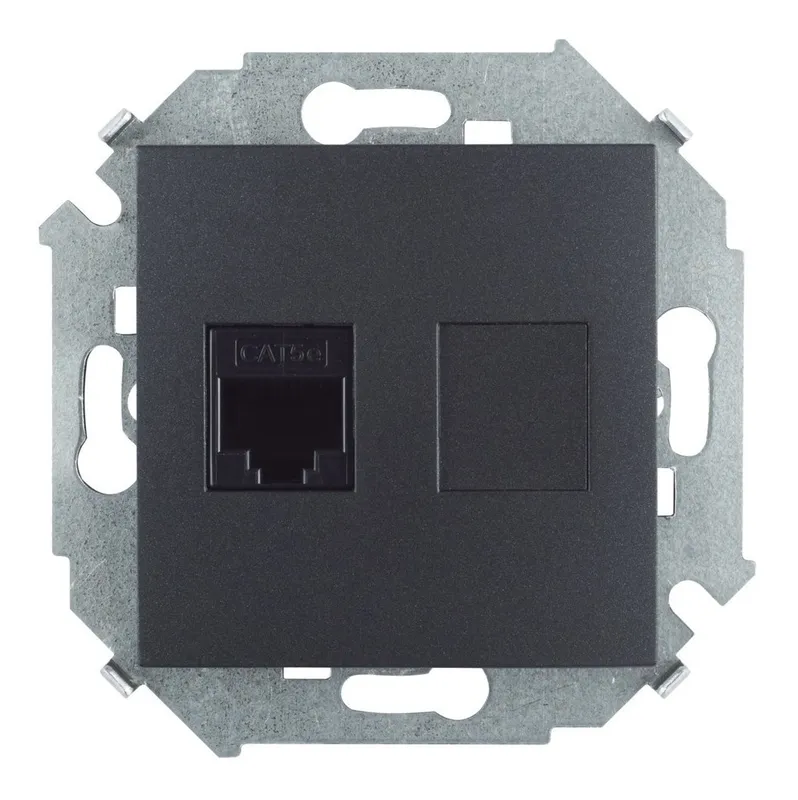 Розетка компьютерная Simon 15 RJ45, кат.5е, АМР, графит — вид сверху на устройство с монтажной рамкой