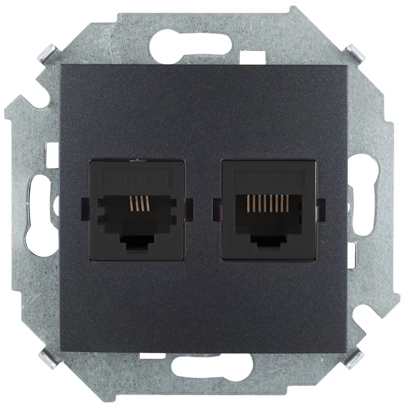 Розетка компьютерная Simon 15 RJ11+ телефонная RJ45, кат.5е, Systimax, графит — вид спереди на монтажную рамку