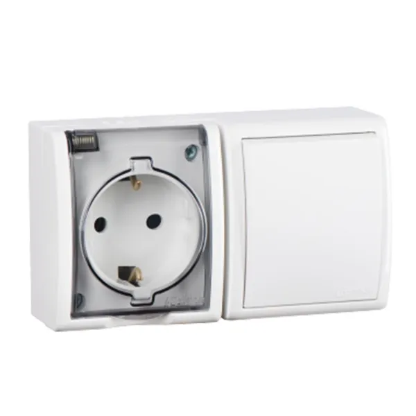 Розетка Simon 15 Aqua Schuko 2П+3 16А 250В + выключатель 10А 250 В, белый — комбинированный блок под углом
