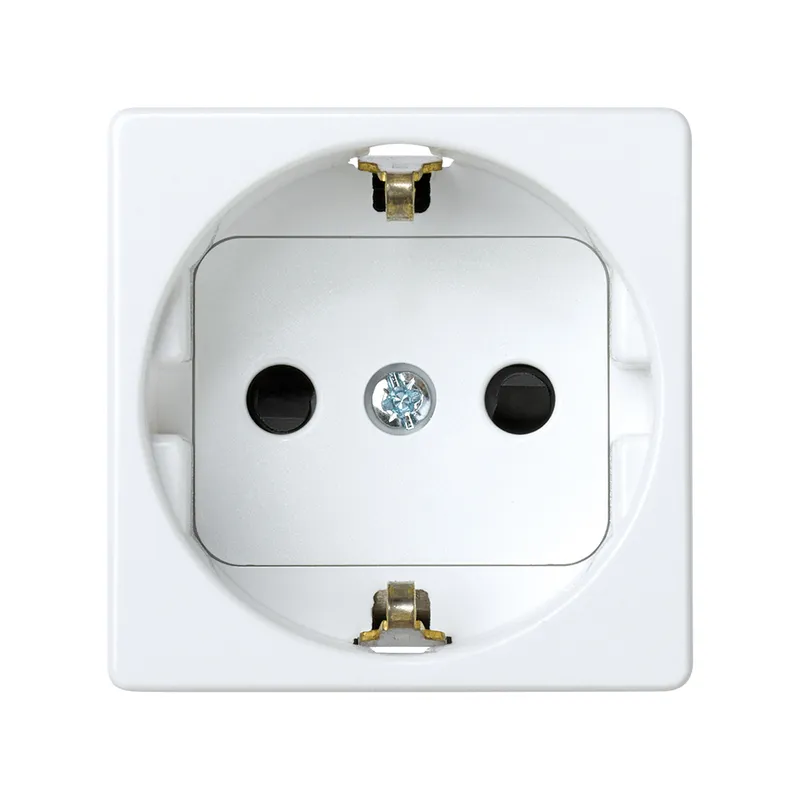 Розетка Simon 27 Schuko, 2Р+Е, со шторками, винтовой зажим, 10/16 А 250 В, механизм, белый — вид спереди