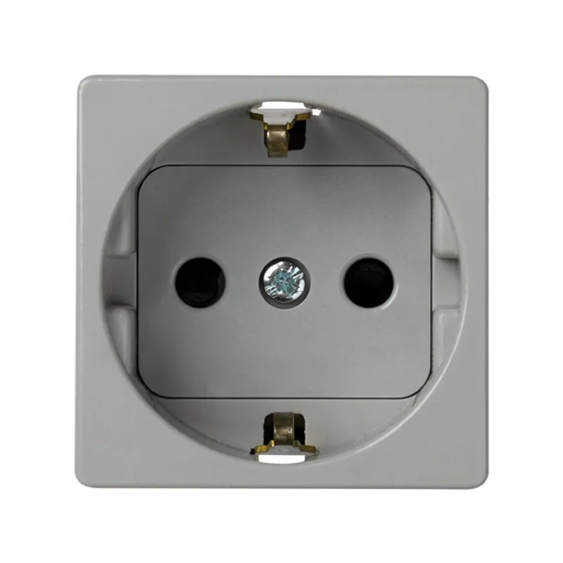 Розетка Simon 27 Schuko 2Р+Е, со шторками, винтовой зажим, 10/16 А 250 В, механизм, серый — вид спереди