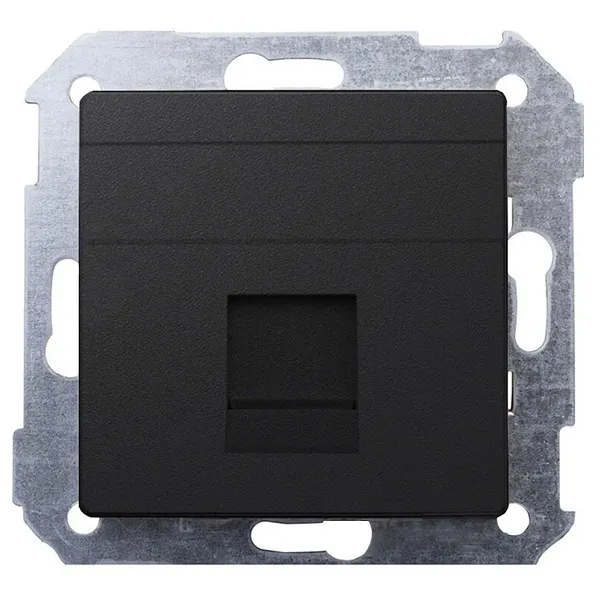 Адаптер Simon 82, со шторками на 1 коннектор UTP (RJ45) FTP (RJ45) RJ12 AMP, графит — вид спереди на монтажную рамку