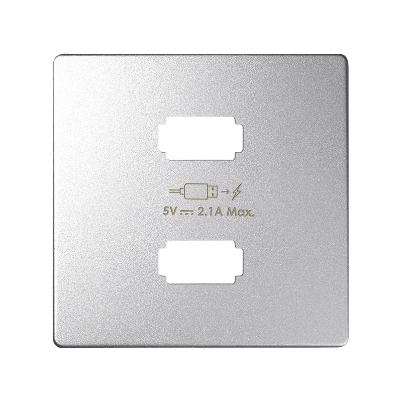 Накладка на розетку Simon 82 Detail для зарядного устройства 2хUSB, алюминий — передний план с двумя разъемами