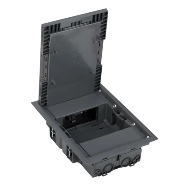 Люк Simon Connect KF200-1 на 4 модуля 45х45мм и 2 модуля 22,5х45мм 250х178мм глубина 64мм серый Simon — вид под углом с открытой крышкой