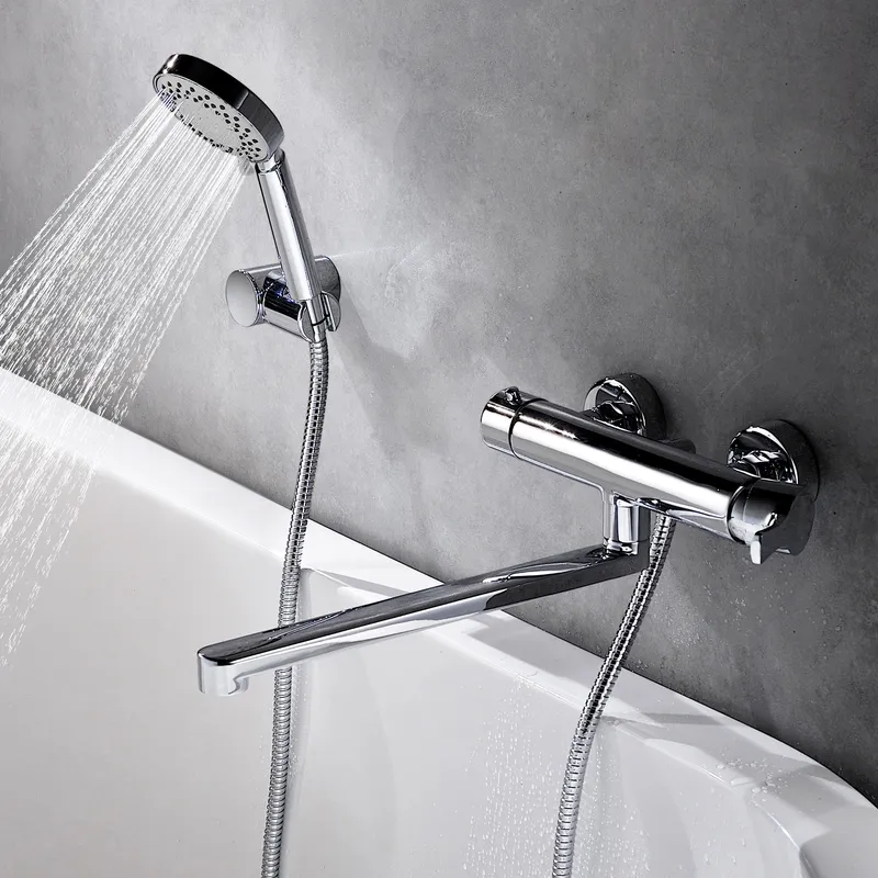 Смеситель для ванны Wasserkraft Berkel 4800 с длинным изливом — вид под углом с лейкой душа