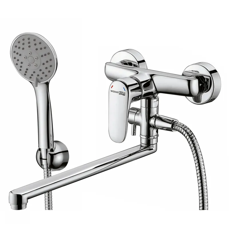Смеситель Wasserkraft Vils 5600 с длинным изливом + лейка — вид под углом с лейкой