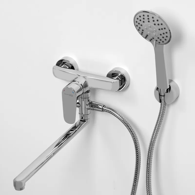 Смеситель Wasserkraft Vils 5600 с длинным изливом + лейка — вид под углом с лейкой