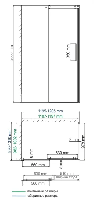 Душевой уголок Wasserkraft Dinkel 58R , 120х100 — стеклянная перегородка вид спереди