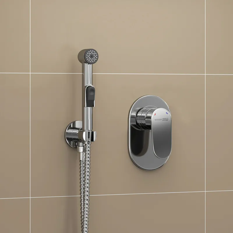 Гигиенический душ Wasserkraft Donau 5300 со смесителем и шлангом, встраиваемый — лейка и смеситель крупным планом