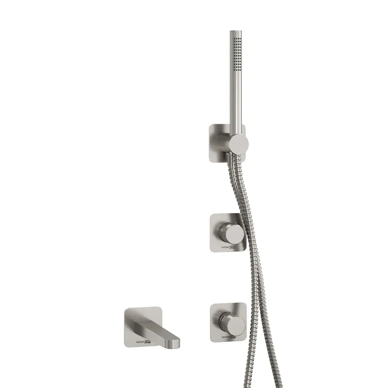 Встроенный смеситель для ванны и душа Wasserkraft Tauber 6400 с изливом, лейкой и шлангом — набор из четырех элементов под углом