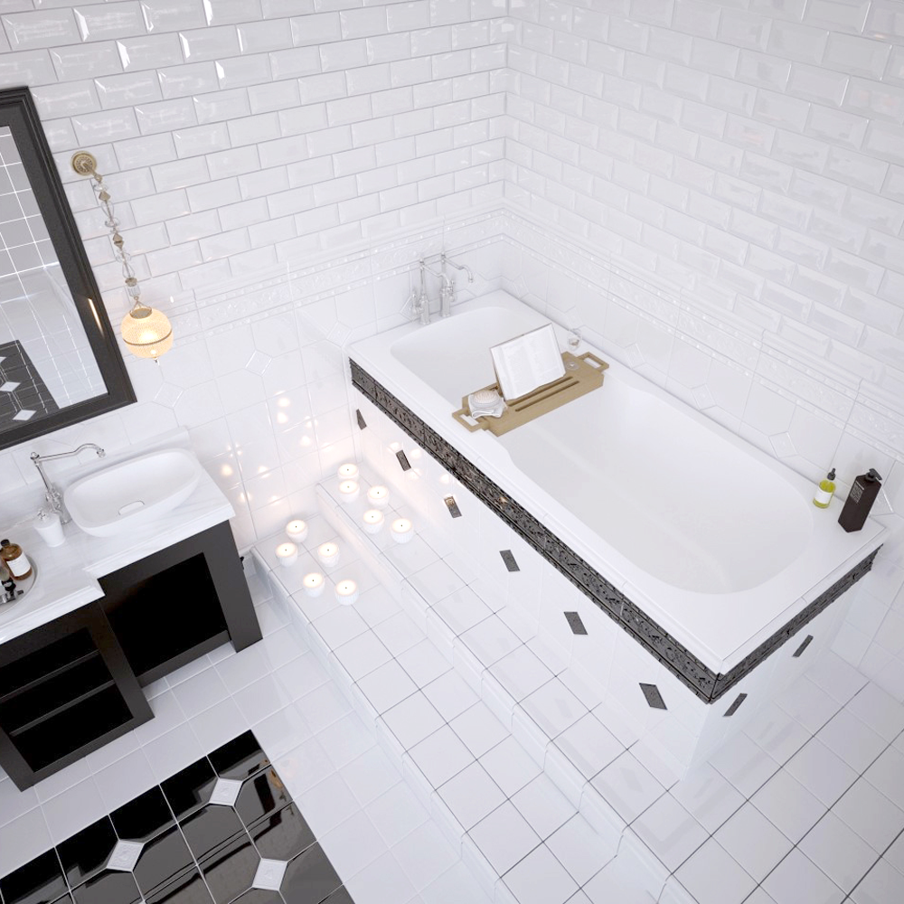 Акриловая ванна Artemis Flora с каркасом, 150x75x56,5 см — вид сверху на ванну с полкой в ванной комнате с белой плиткой