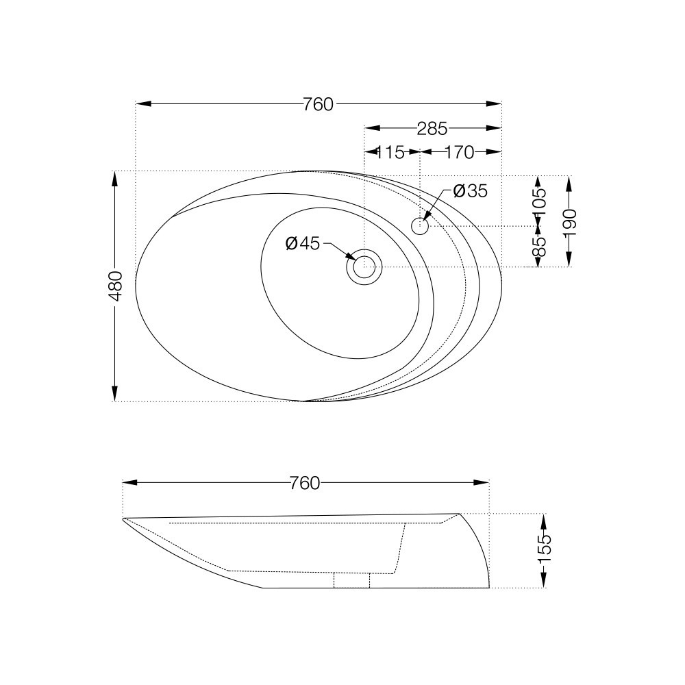Накладная раковина Artize CFS-WHT-69932 — чертёж с размерами в двух проекциях