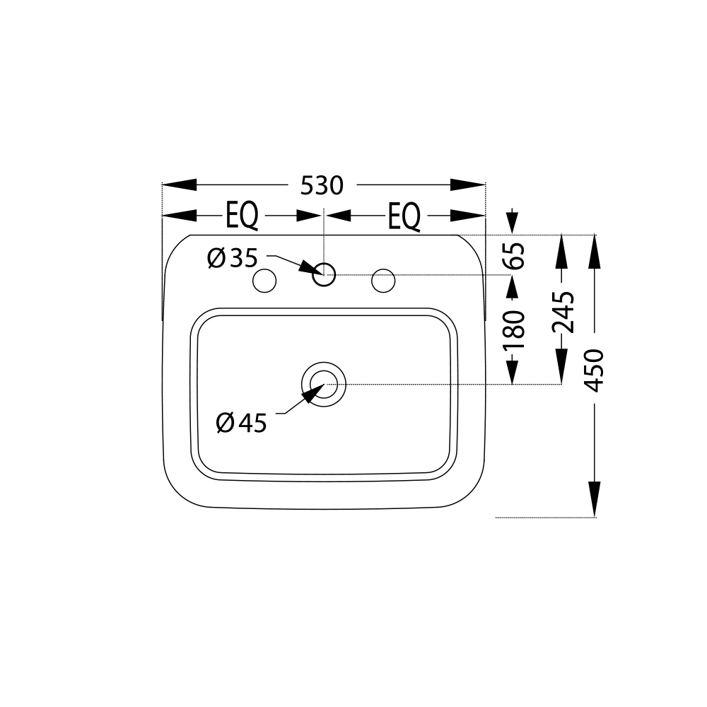Подвесная раковина Artize LXS-WHT-67802 — чертёж с размерами