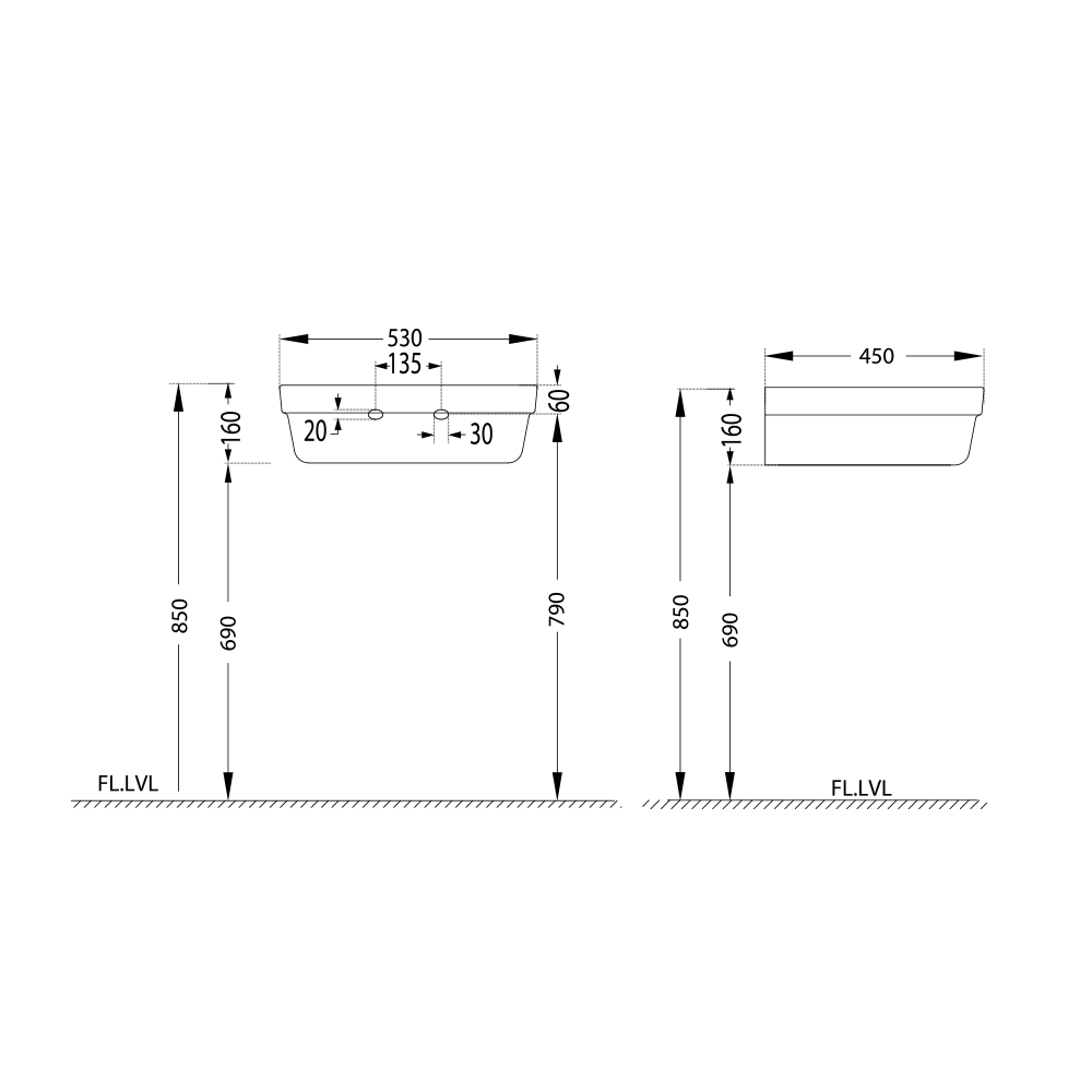 Подвесная раковина Artize LXS-WHT-67802 — чертёж с размерами-1