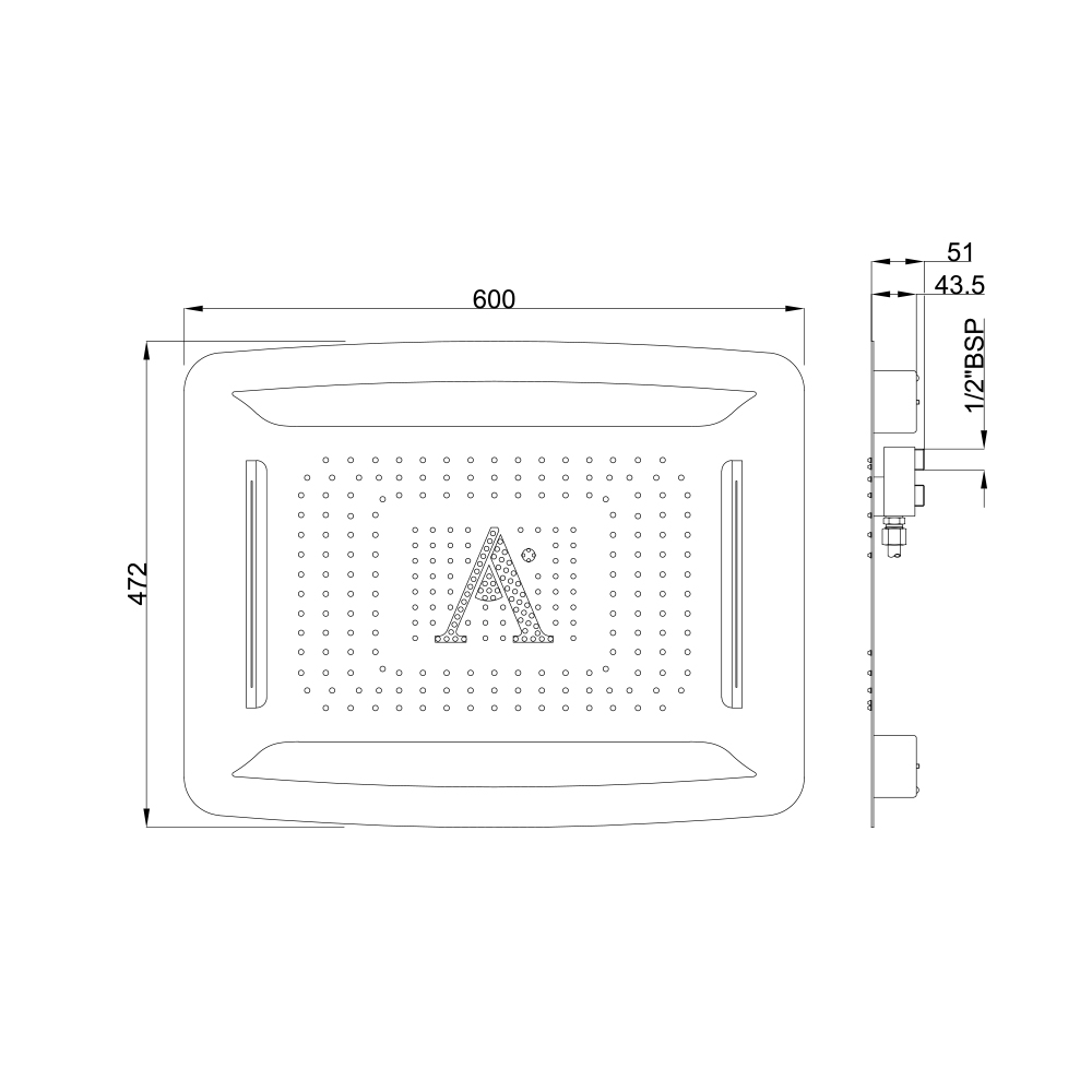 Верхняя душевая лейка Rainjoy 600x472 мм AISI 304 нержавеющая сталь, хром, дистанционное управление — чертёж с размерами