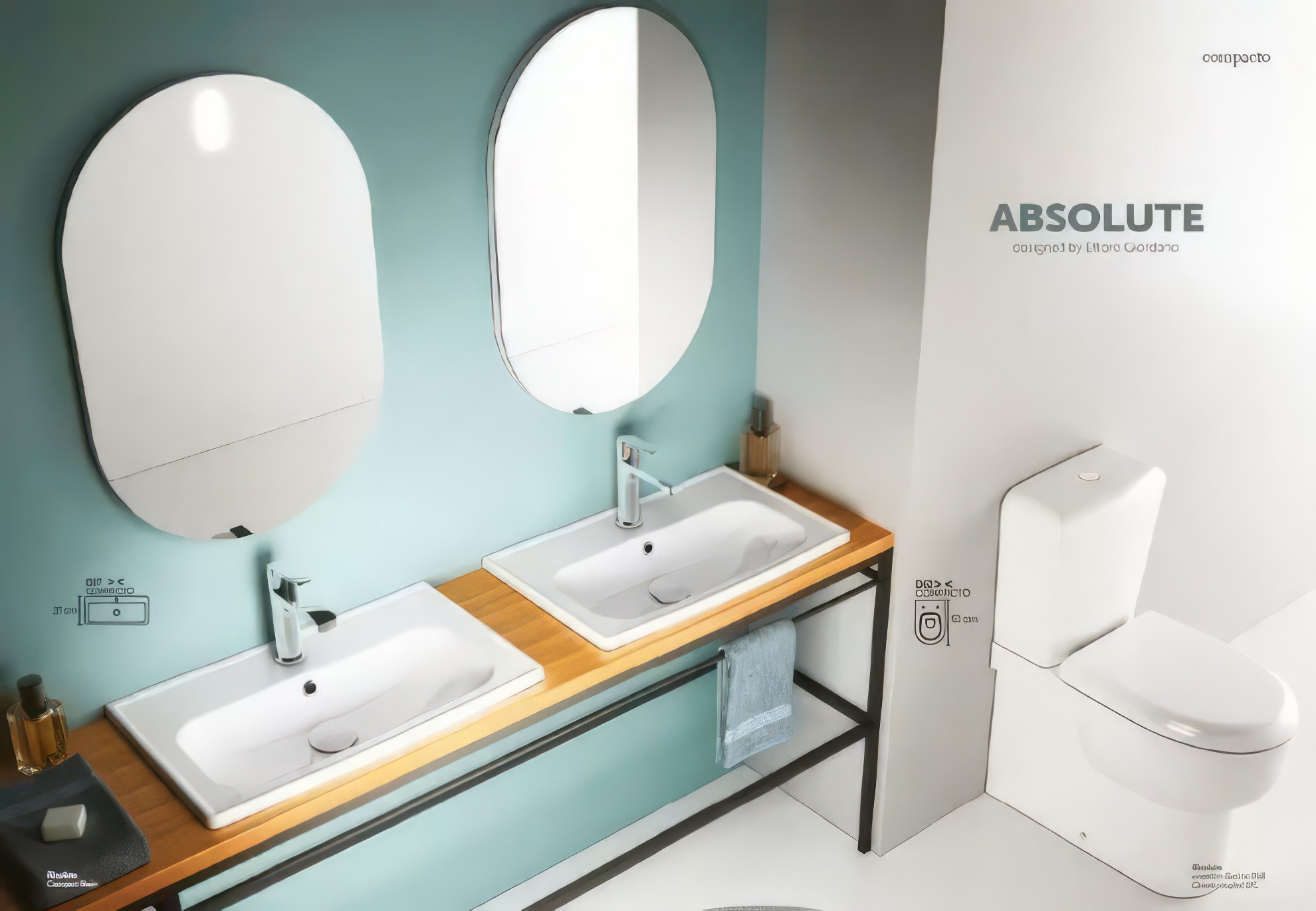 Раковина накладная Isvea Absolute 61 см, белый — две чаши на деревянной столешнице у бирюзовой стены