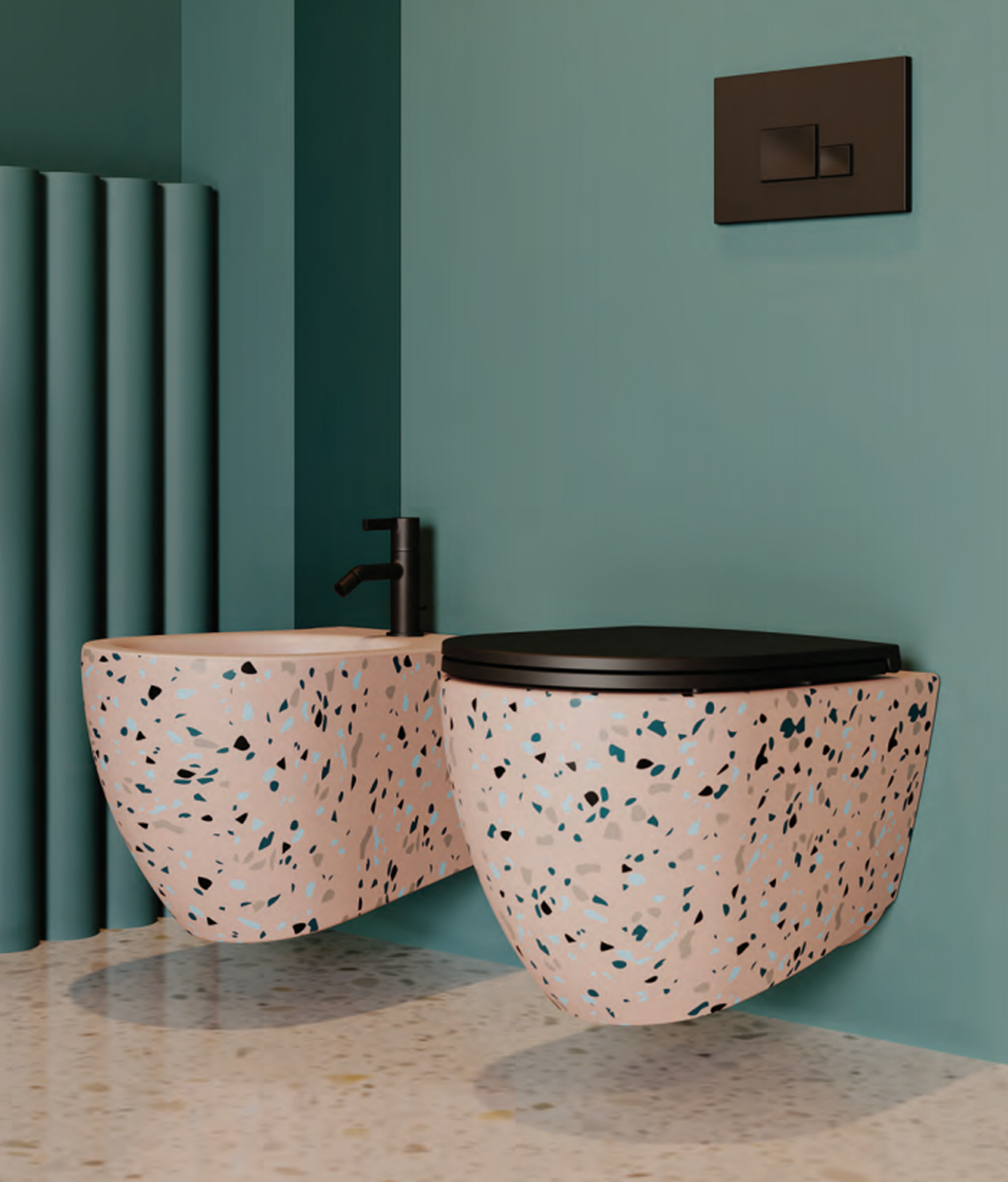 Биде подвесное Isvea Infinity Terrazzo лососевый — сантехника на фоне бирюзовой стены