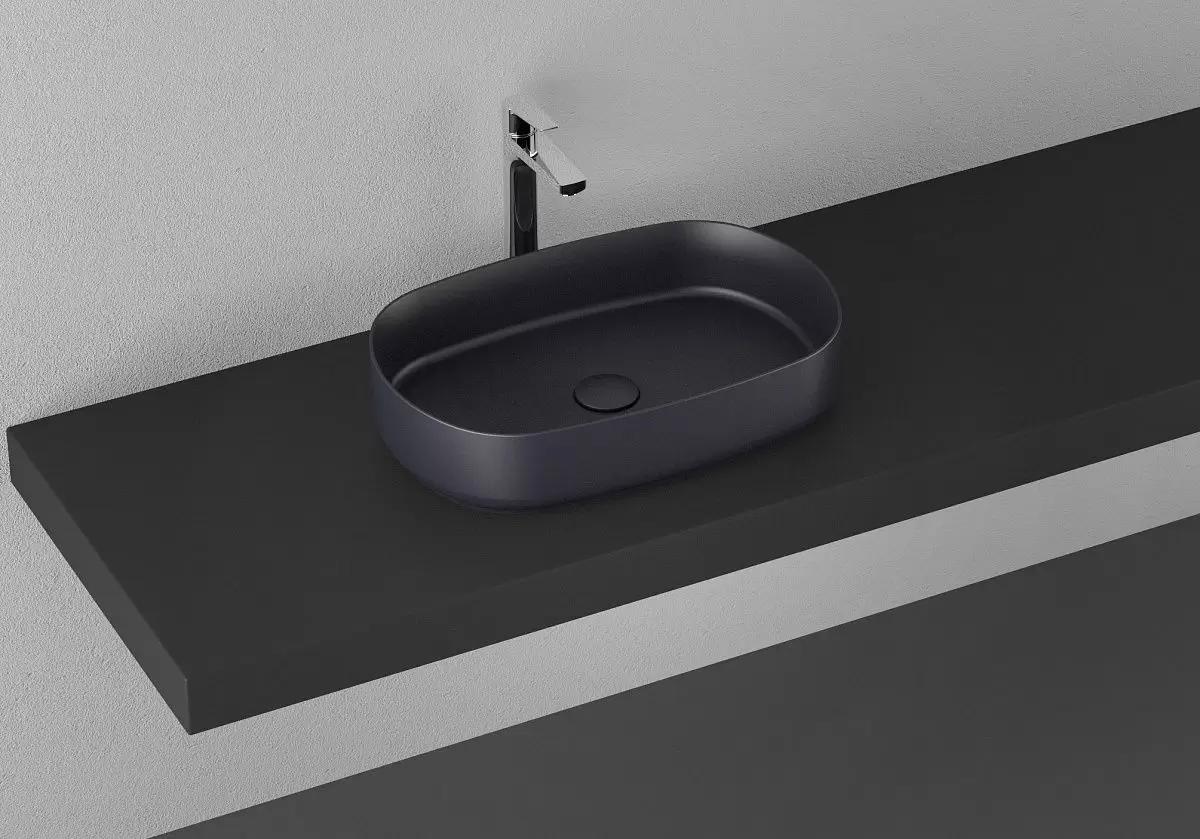 Раковина накладная Isvea Infinity 55х36 см, без отверстия под смеситель, черный — вид сверху на чашу у серой стены