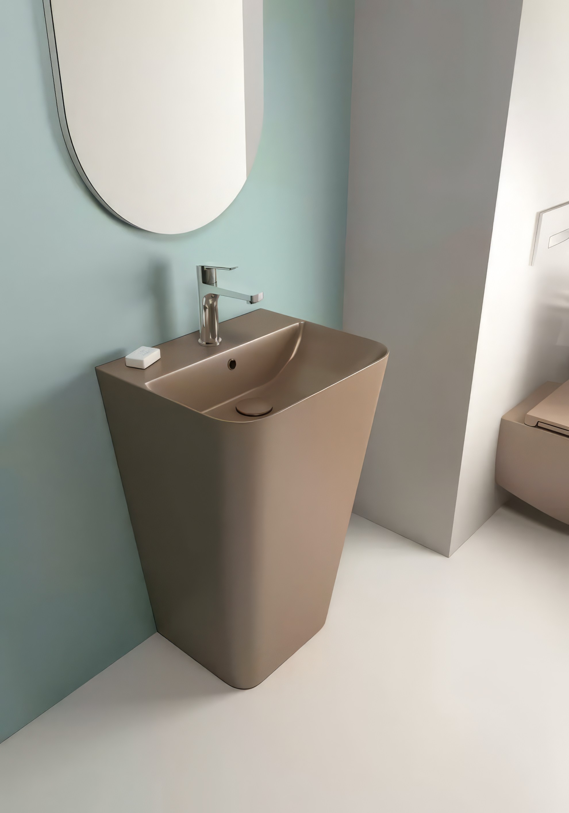 Раковина напольная Isvea Sott'Aqua Monoblock 50 см, коричневый — вид под углом у бирюзовой стены
