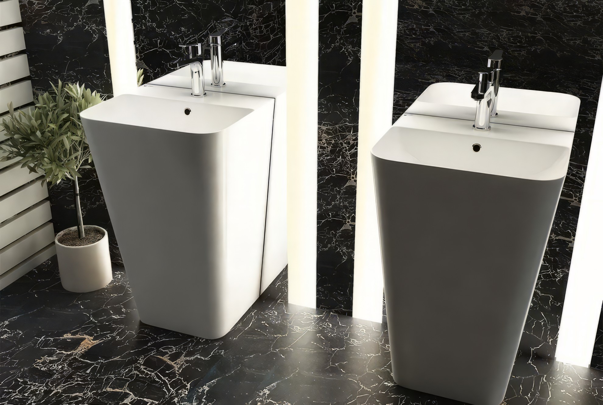 Раковина напольная Isvea Sott'Aqua Monoblock 50 см, белый матовый — два изделия на фоне черной мраморной стены с вертикальными полосами света