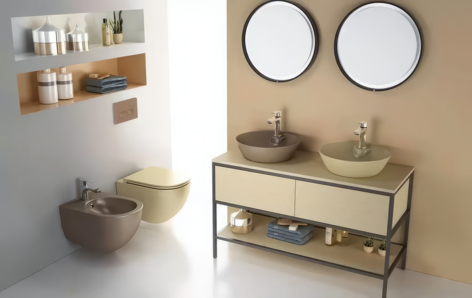 Раковина накладная Isvea SistemaY Soft 45 ссм, слоновая кость — сантехника у бежевой стены с зеркалами