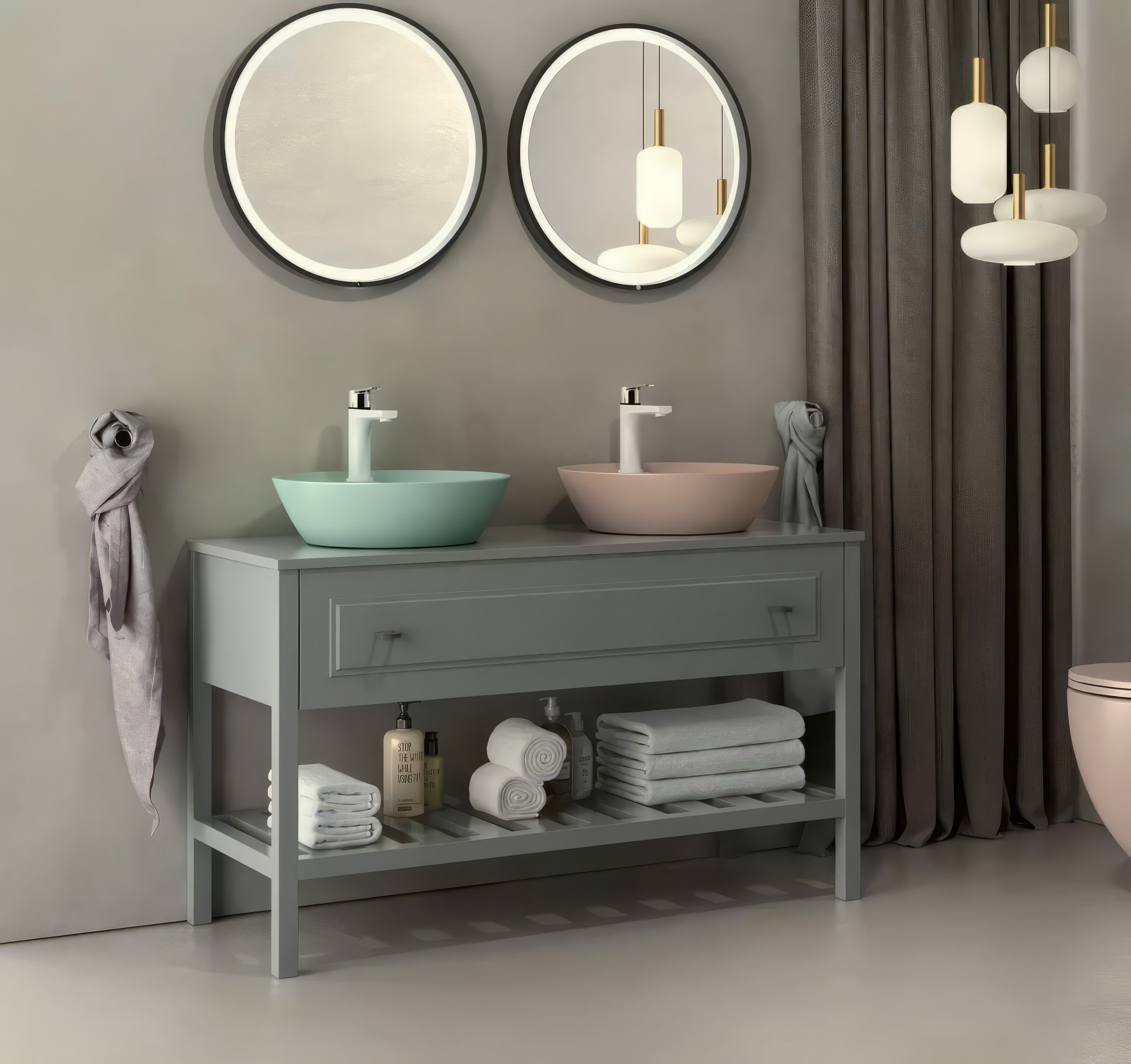 Раковина накладная Isvea SistemaY Soft 45 см, лососевый — две чаши на серой стене с зеркалами