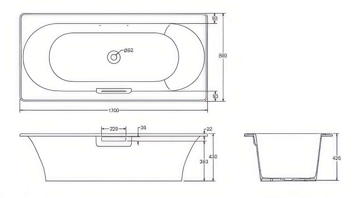 Чугунная ванна Jacob Delafon Volute 170x80 см — чертёж с размерами изделия
