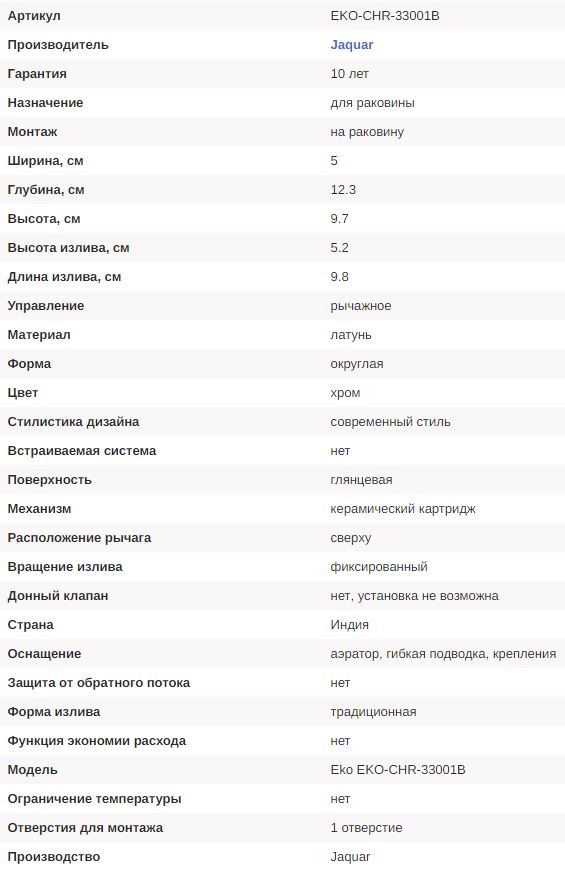 Смеситель для раковины Jaquar Eko EKO-CHR-33001B — информационная таблица с характеристиками товара