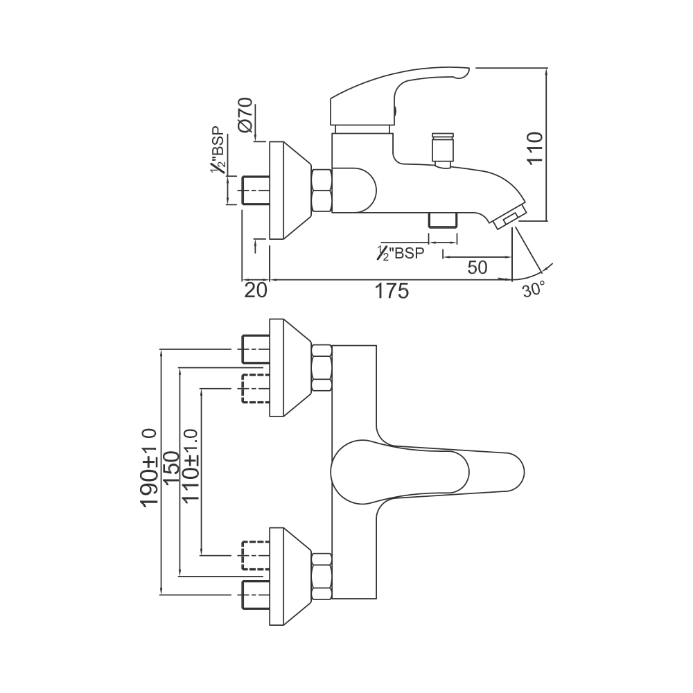 Смеситель для ванны Jaquar Eko EKO-CHR-33119 — чертёж с размерами и проекциями